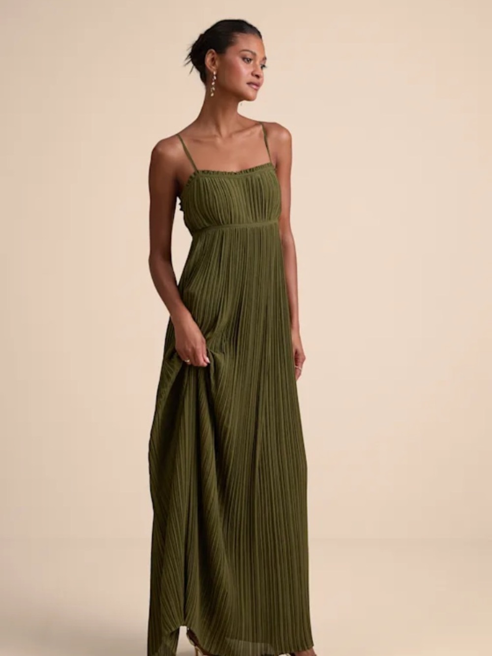 NWT Lulus Delina Olive Plisse Chiffon Tie-Back Maxi Dress Womens Size Medium